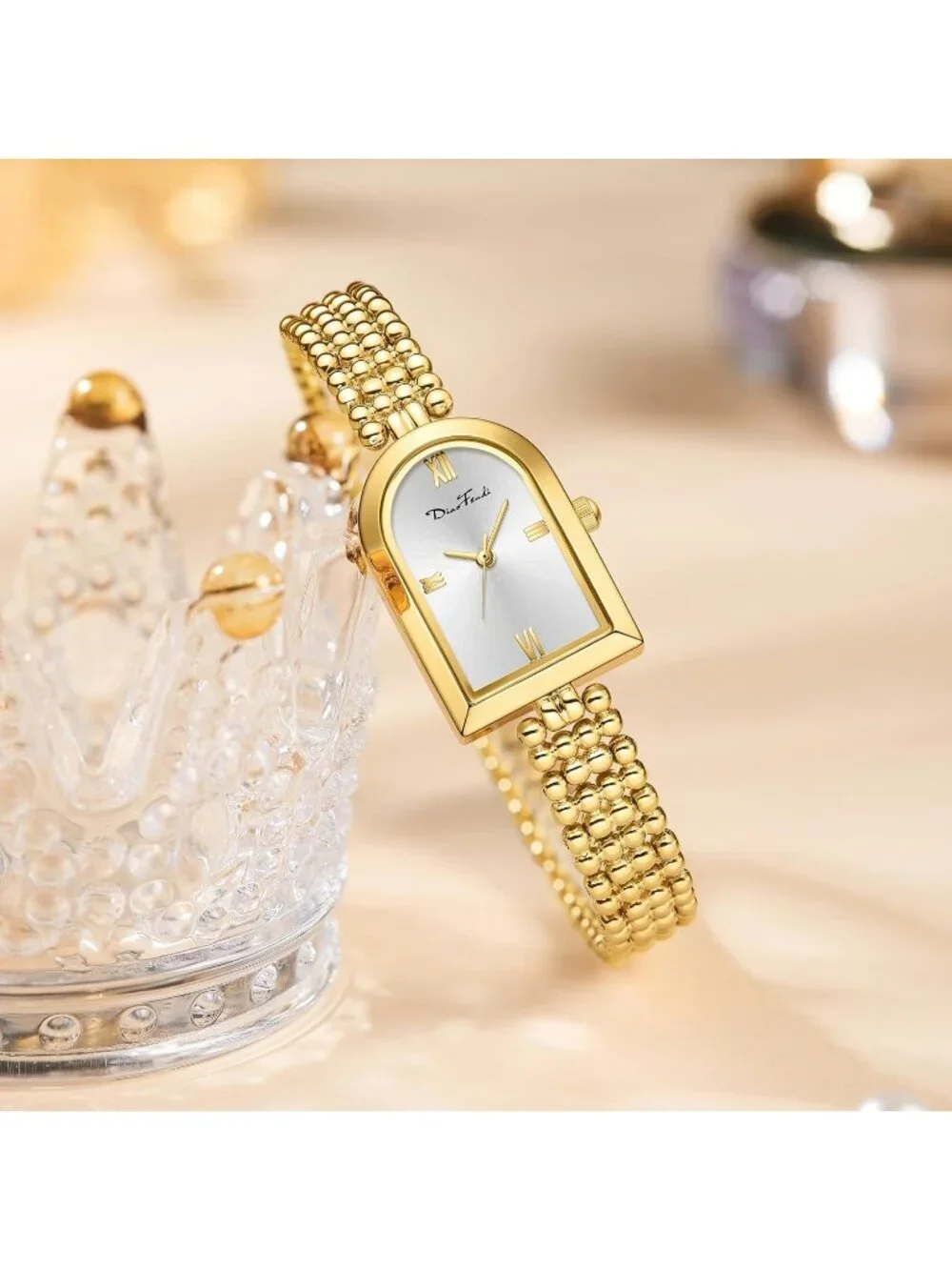 Diaofendi Women Gold White Adjustable Strap Petite Arch Elegant Waterproof Watch
